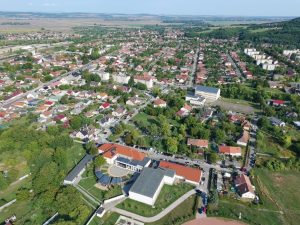 Aerial shot capturing the scenic landscape and architecture of Sajószentpéter, Hungary.